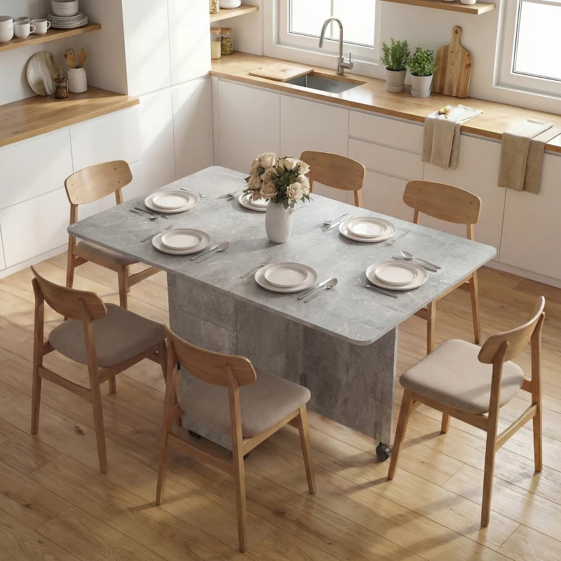 HOMCOM Tavolo da Pranzo Pieghevole a Ruote con 2 Cassetti, 2 Ante e Armadietto, in Legno, 140x76x74 cm, Grigio Cemento