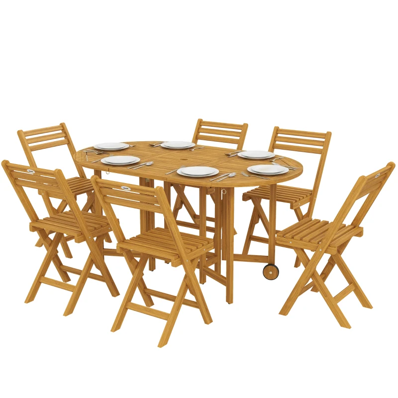 Outsunny Conjunto de muebles de jardín de madera certificada FSC, juego de comedor 7 piezas extensible, mesa con 6 sillas plegables, orificio para sombrilla, diseño de lamas