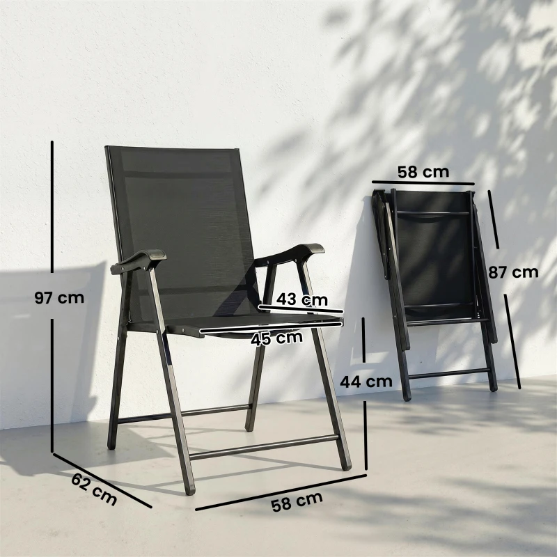 Outsunny Conjunto de 2 Cadeiras dobráveis para jardim, dobrável, com encosto alto e apoios de braço, aço, Texteline 58 x 62 x 97 cm Preto