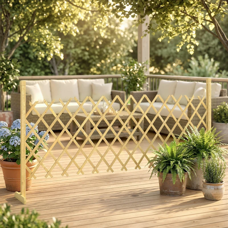 Outsunny Barreira Extensível em Madeira de Abeto 180 cm, Base Estável, para Interior Exterior Varanda Jardim, 180x30x90cm, Natural