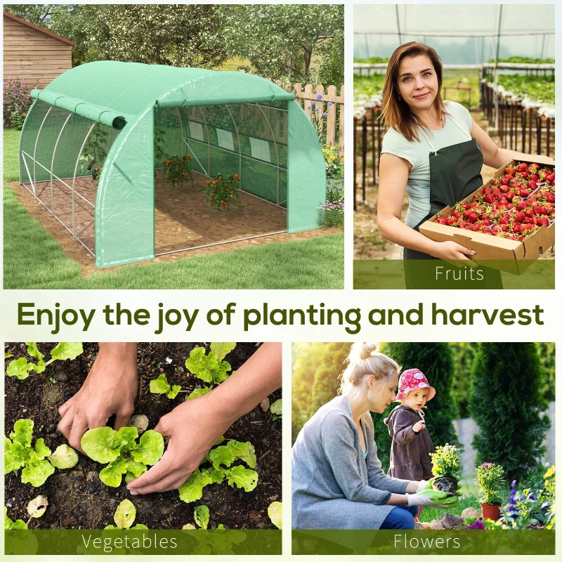 Outsunny Szklarnia foliowa, Szklarnia, przechodnia, Okno siatki, Rama metalowa, 4x3x2m, Zielony