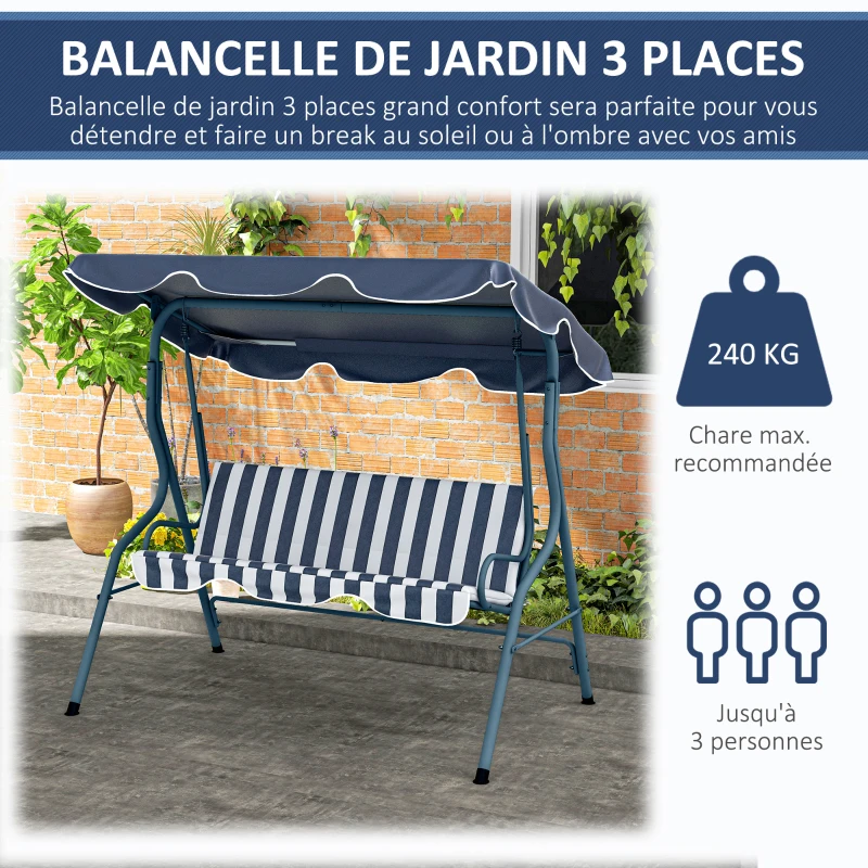 Outsunny Balancelle de Jardin 3 Places Toit imperméabilisé Inclinaison réglable Coussins Assise Dossier Bleu Blanc rayé