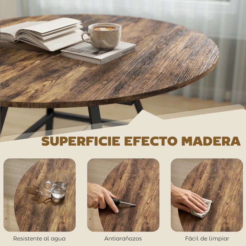 HOMCOM Mesa de Comedor Redonda para 4 Personas con Estante Marco Metálico para Sala de Estar Ø100x76 cm Marrón Rústico