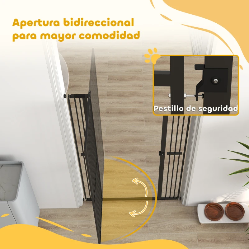 PawHut Barrera para Perros Extra Alta con Ancho Ajustable 77-104 cm Puerta para Perros con Extensiones y Puerta de Paso Negro