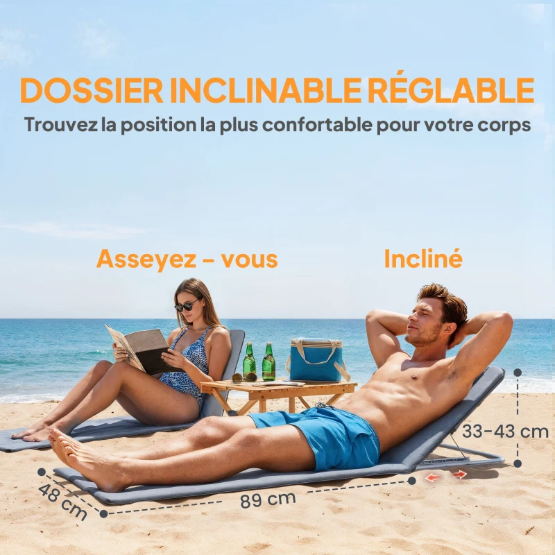 Outsunny Lot de 2 Tapis de Plage rembourré - lot de 2 Matelas de Plage - nattes de Plage - Dossier inclinable Multi-Positions - Sac Transport Inclus - métal Polyester PE Gris