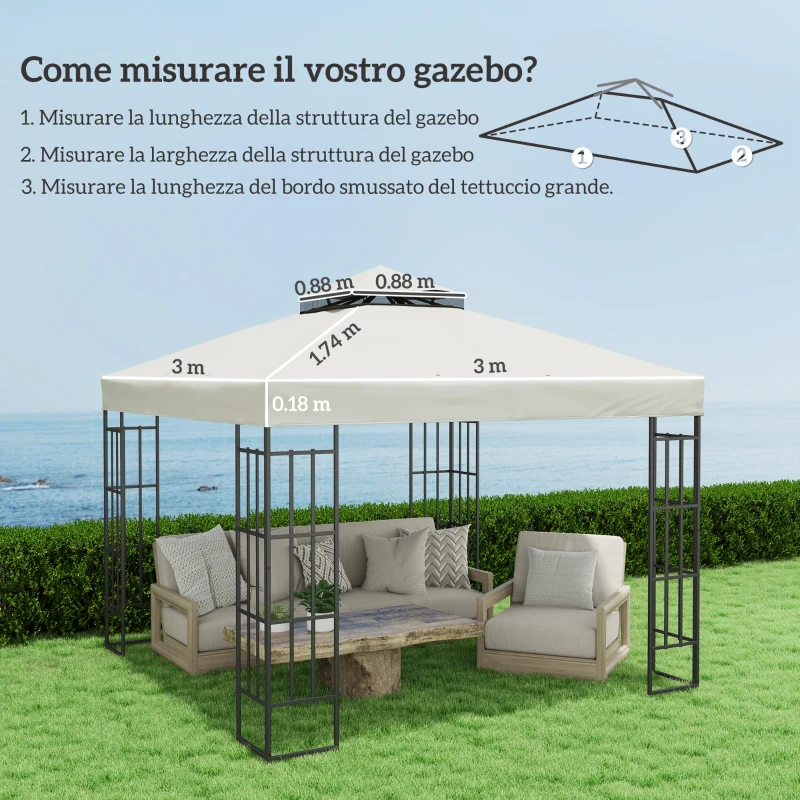 Outsunny Copertura per Gazebo da Giardino 3x3m UPF30+ a 2 Livelli in Poliestere Grigio Chiaro