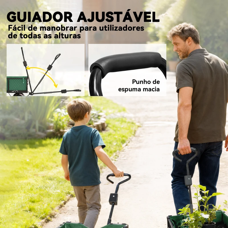 Outsunny Carro de Jardim com Rodas Grandes Alça Ajustável e Bolsa Impermeável Removível Carga 300 kg 105x51x54 cm Verde