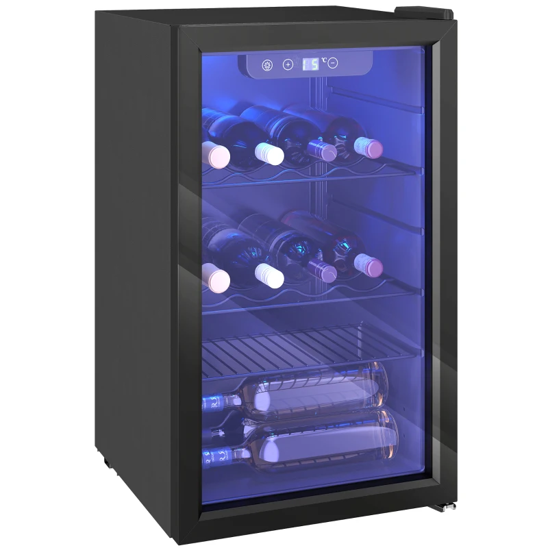 HOMCOM Frigorífico de Vinhos 24 Garrafas, Capacidade de 68 L, 4–16 °C Aparelho de Solo para Bebidas, Cerveja e Vinho com Porta de Vidro, Preto