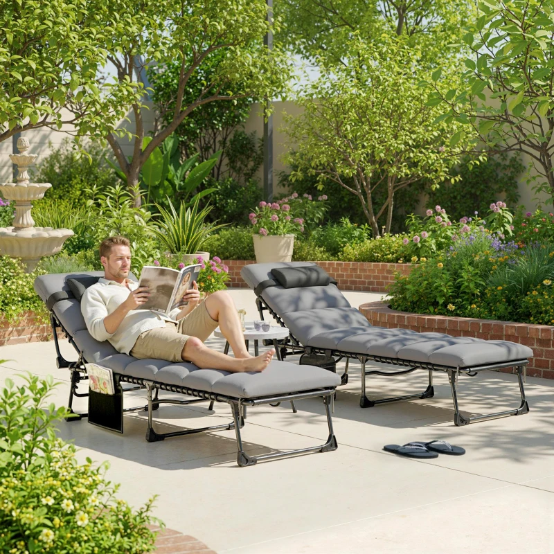 Outsunny Conjunto de 2 Espreguiçadeiras com Colchão 9cm Dobrável Encosto Regulável 5 Posições Apoio de Cabeça 200cm Cinza