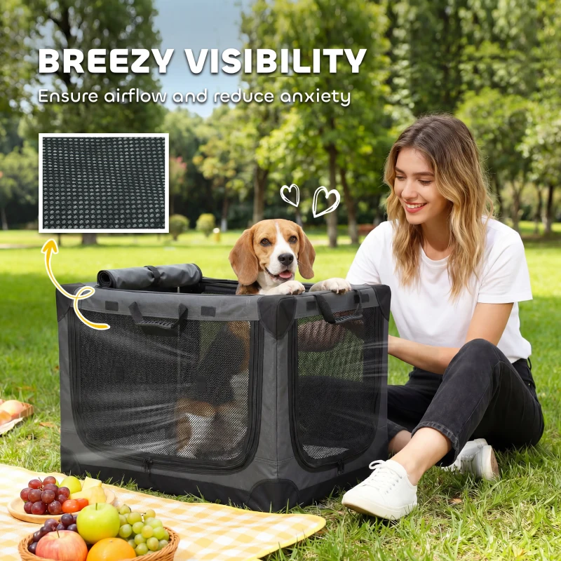 PawHut Soft Dog Crate Pet Travel Crate 76 x 54 x 54 cm with Removable Pad Mesh Window Army Green