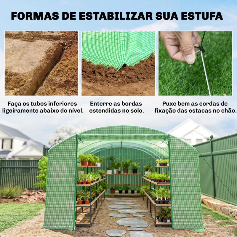 Outsunny Estufa Tipo Túnel 6x3x2 m com 3 Portas Enroláveis 6 Janelas com Rede e Estrutura de Aço Galvanizado Verde