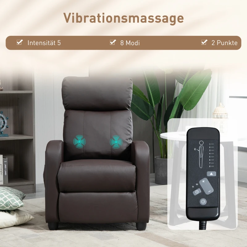 HOMCOM Relaxsessel Fernsehsessel mit Vibrationsmassage, Liegefunktion, 2 Massagepunkte, Fernbedienung, 68 x 88 x 98 cm Braun
