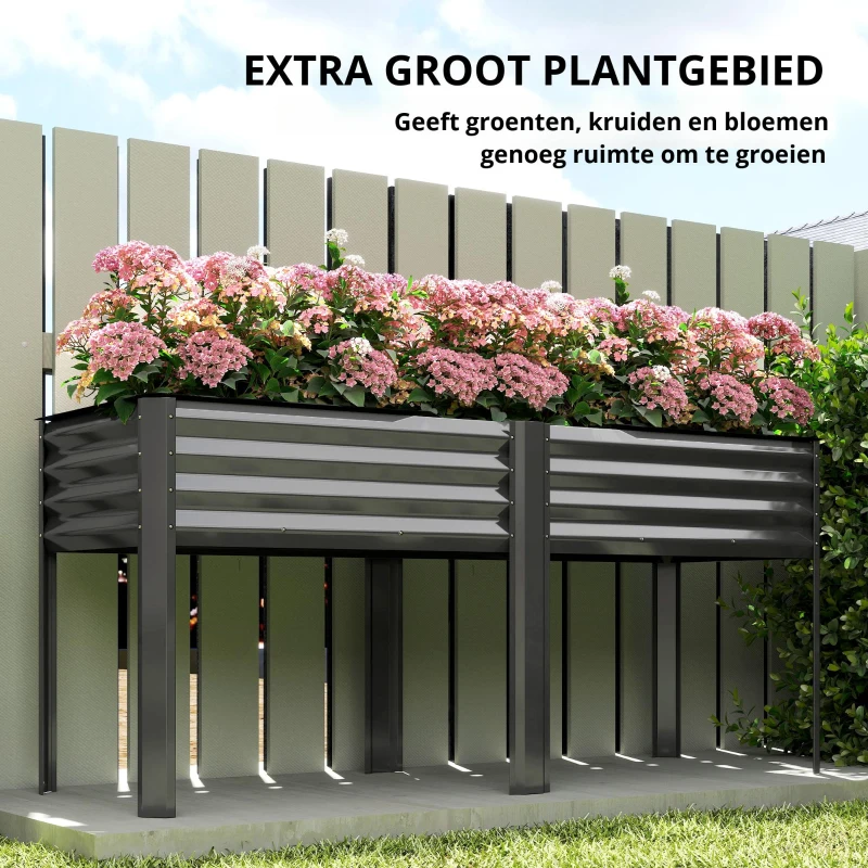 Outsunny Metalen hoogbed extra grote plantenbak met verstevigingsstangen en vliesstof, 180 x 55 x 80 cm Donkergrijs