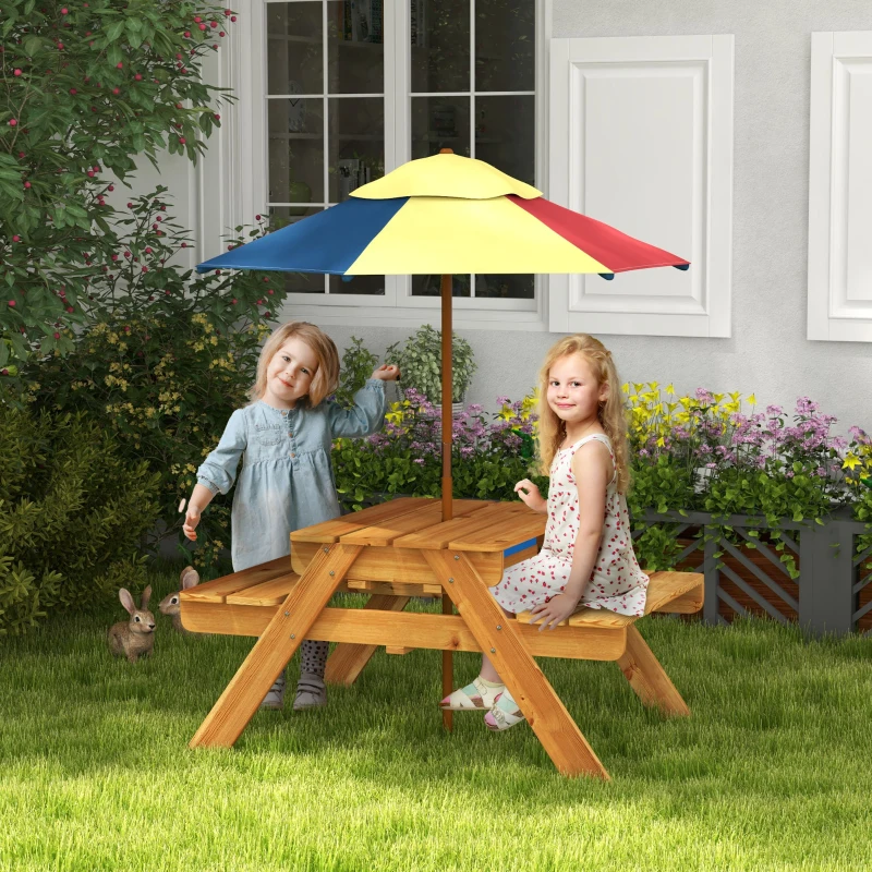 Outsunny Table de pique-nique pour enfants avec bancs, parasol amovible, 2 bacs en plastique, table 2 en 1 pour 4 enfants
