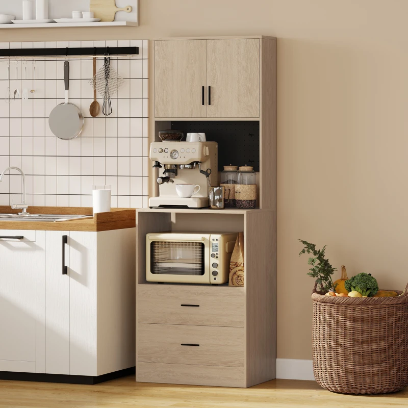 HOMCOM Mobile microonde con 2 cassetti, 2 ante, pannello forato e ganci, Legno naturale