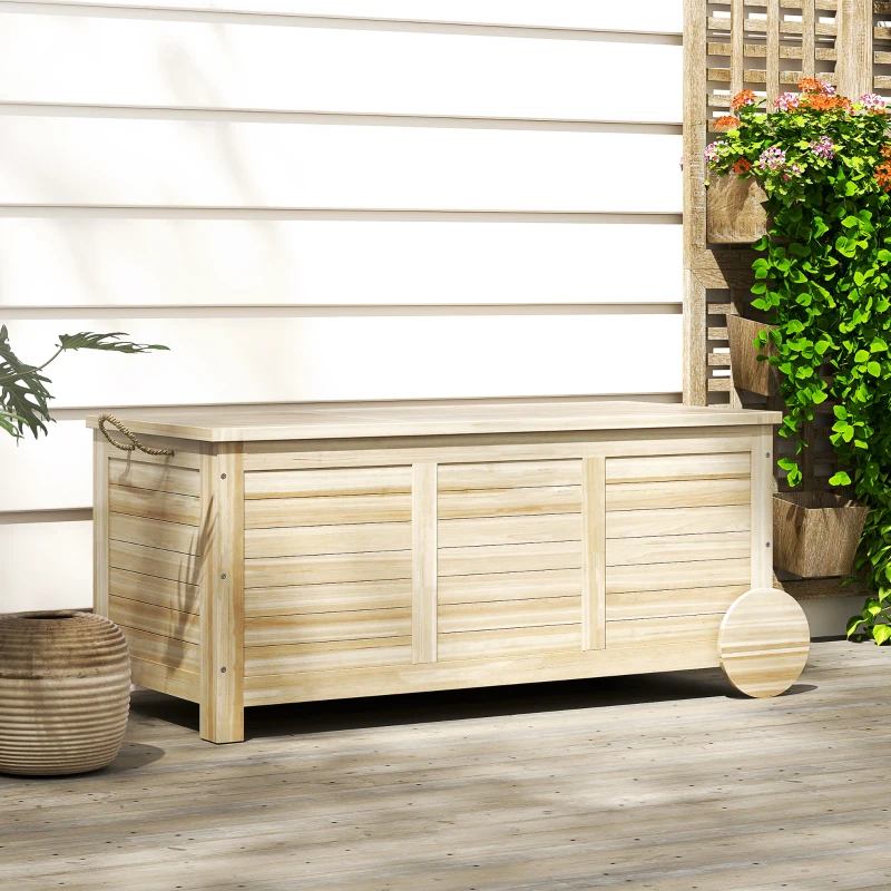 Outsunny Coffre de rangement extérieur, malle de rangement en bois, 185L, avec roulettes et bâche, 110 x 50 x 50 cm, bois naturel
