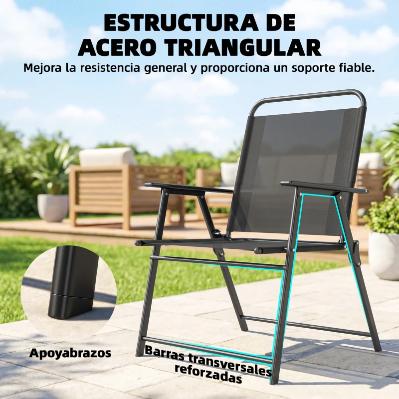 Outsunny Pack de 4 Sillas de Camping Plegables con Respaldo Alto Asiento Ancho y Reposabrazos Tela Textilene Transpirable Negro