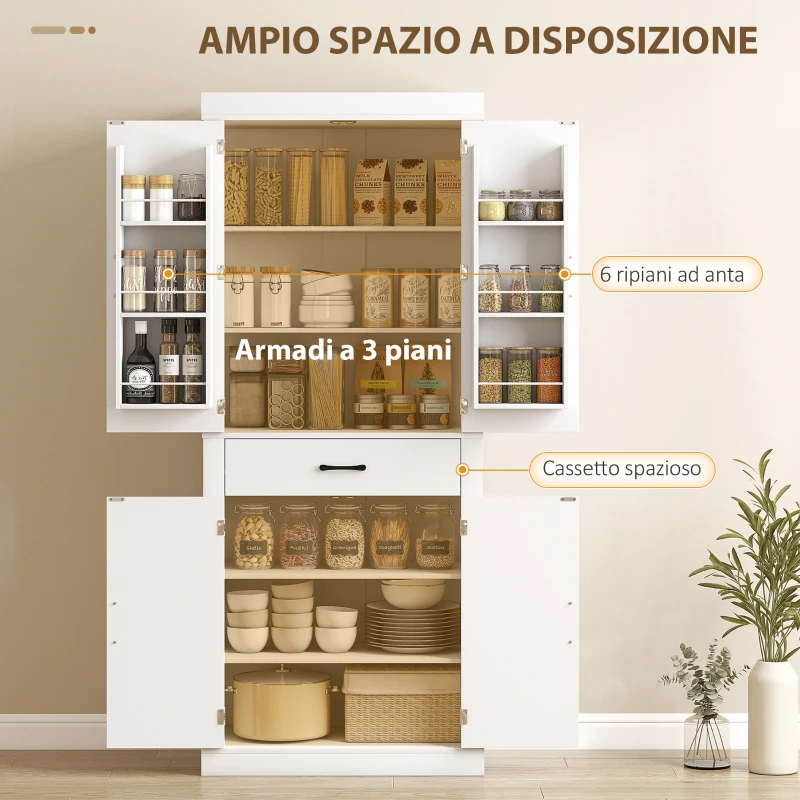 HOMCOM Dispensa Cucina in stile Country con 2 Armadietti, 6 Ripiani e Cassetto, in Legno, 76x39.5x183.5 cm, Bianco
