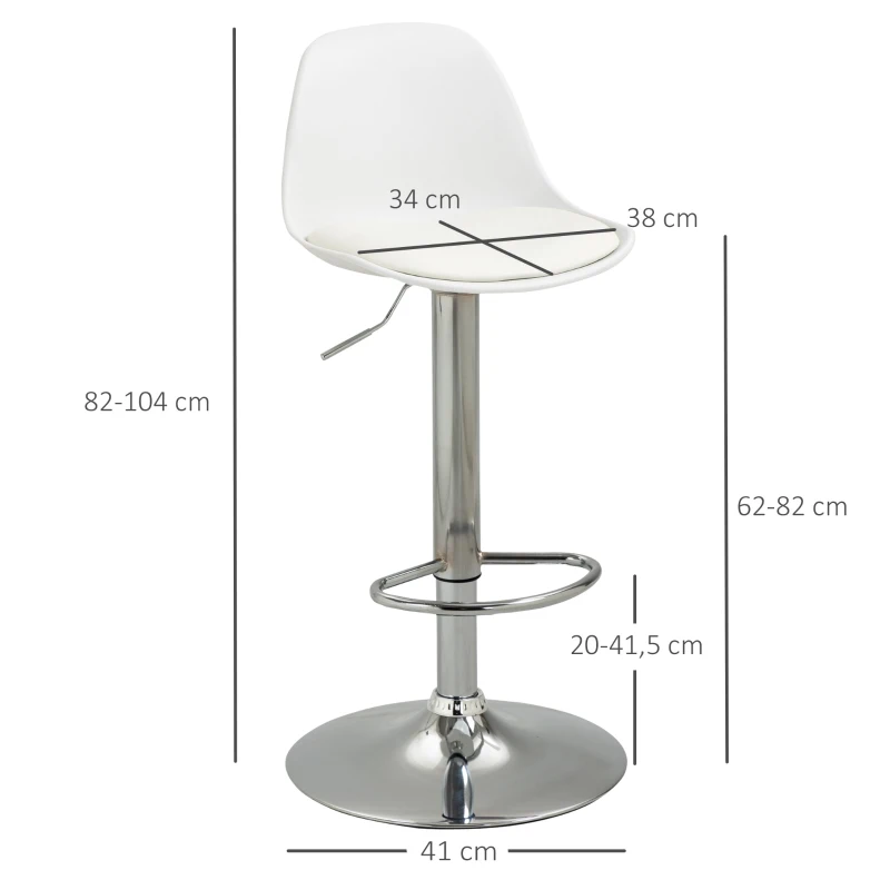 HOMCOM Lot de 2 tabourets de bar chaise haute cuisine avec dossier et repose-pieds, hauteur réglable, 41x42x82-104cm, blanc