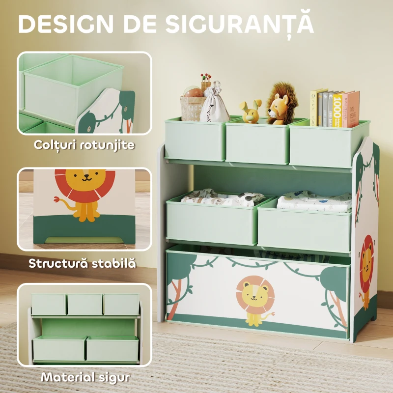 AIYAPLAY Raft Portabil pentru Jucării Copii cu 3 Niveluri și 6 Containere Detașabile din Material Textil, Mobilier pentru Cameră Copii, Sufragerie și Spațiu de Joacă, Verde