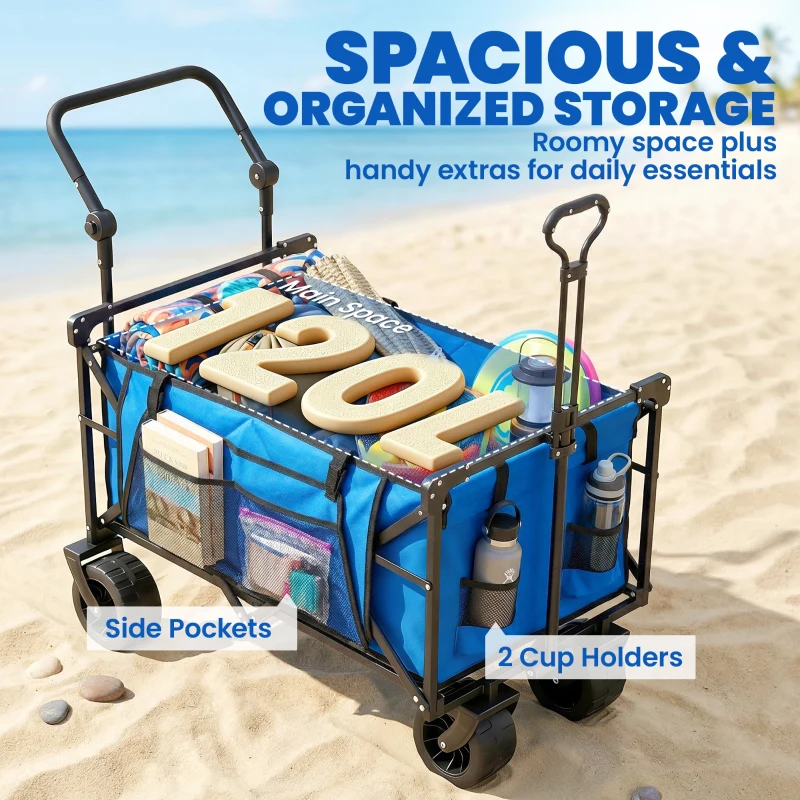 Outsunny Chariot de Jardin Pliable avec Grandes Roues Verrouillables Barre Réglable Porte-gobelet pour Camping 125x59x133 cm Azul