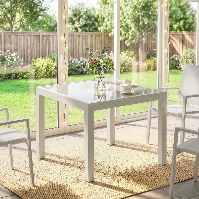 Outsunny Ausziehbarer Aluminiumtisch für den Außenbereich, gehärtete Glasplatte, Creme.
