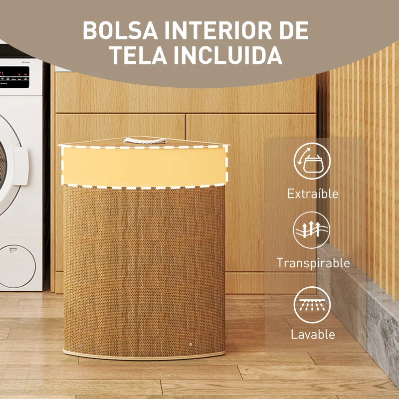 HOMCOM Cesto Ropa Sucia Bambú para Esquina 55L con Tapa y Asa Bolsa Extraíble Lavable 35x35x60 cm Marrón