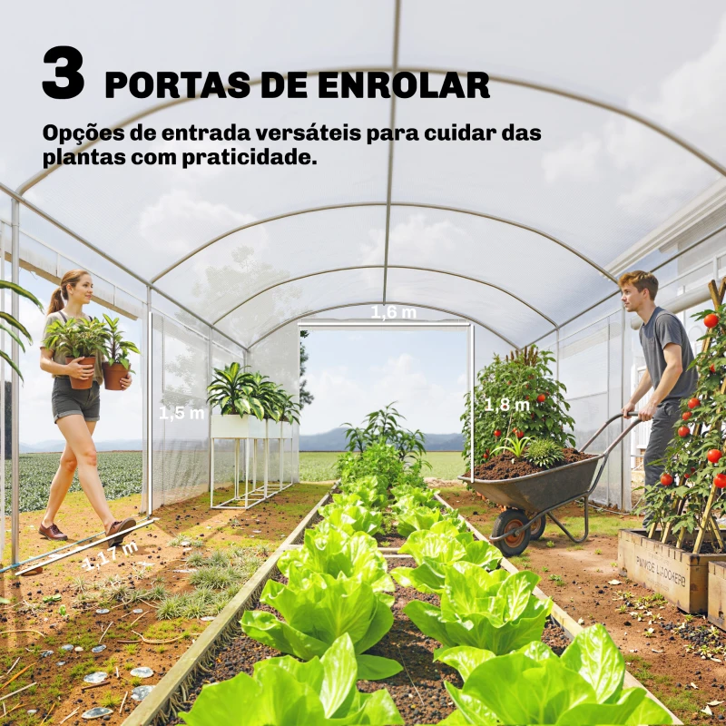 Outsunny Estufa Túnel 6x3x2 m com 3 Portas Enroláveis, 6 Janelas com Rede e Estrutura de Aço Galvanizado Branco
