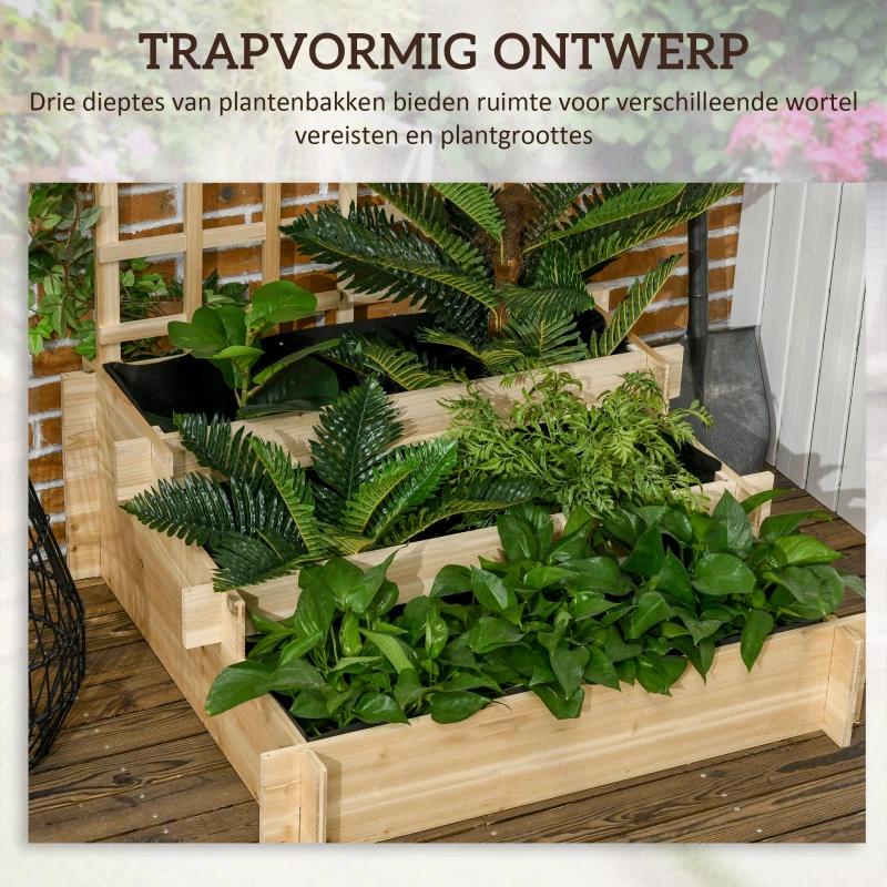 Outsunny Houten verhoogde plantenbak met klimrek, 3 niveaus, natuurlijk houten frame, voering van vliesstof, 95 x 95 x 110 cm(m-6)