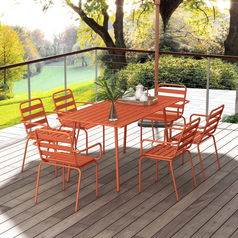Outsunny Salon de jardin ensemble salle à manger de jardin 7 pièces avec 1 table et 6 chaises empilables en acier rouge