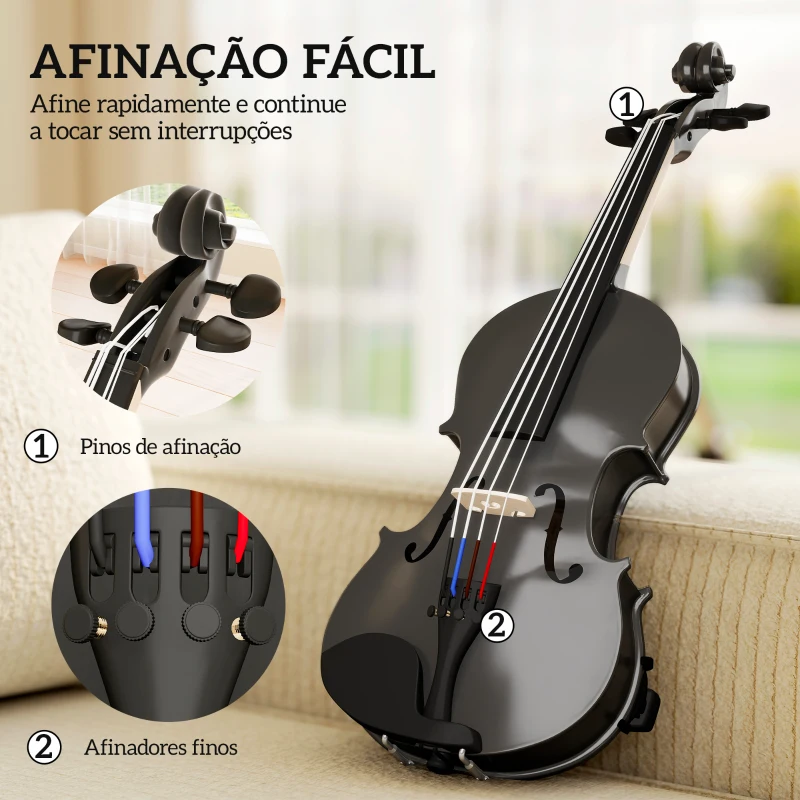 HOMCOM Violino 4/4 de Tamanho Completo em Madeira com Estojo  Arco Breu Afinadores Cordas e Suporte para Ombro 60x21x7 cm Preto