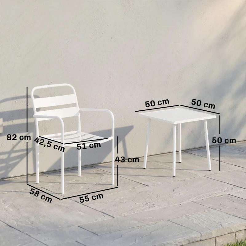 Outsunny Ensemble bistrot 3 pièces en métal avec 2 chaises de jardin, table en verre, design à lattes, résistant à la rouille