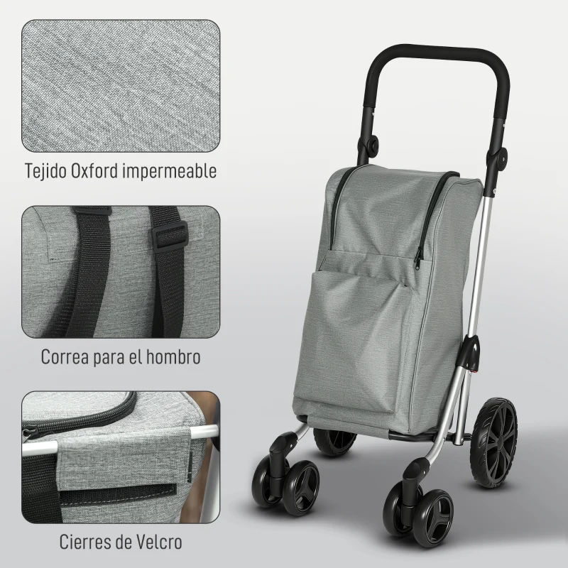 HOMCOM Carrito de Compra Plegable de 46 L Carro 3 en 1 con 6 Ruedas Bolsa Térmica y Asa Ajustable 44x58x100 cm Gris