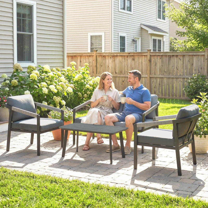 Outsunny Aluminium Garden Furniture Set, 4 Seater Outdoor Patio Furniture with Loveseat, 2 Armchairs, Slatted Table