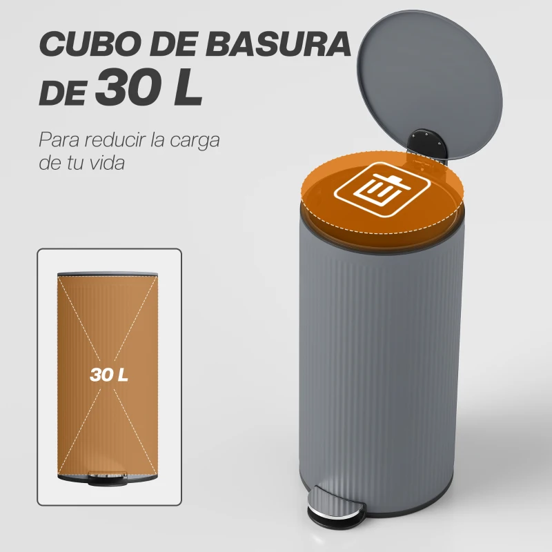 HOMCOM Cubo de Basura Cocina 30L con Pedal Tapa de Cierre Suave y Cubo Extraíble para Dormitorio Oficina Estudio Salón Gris