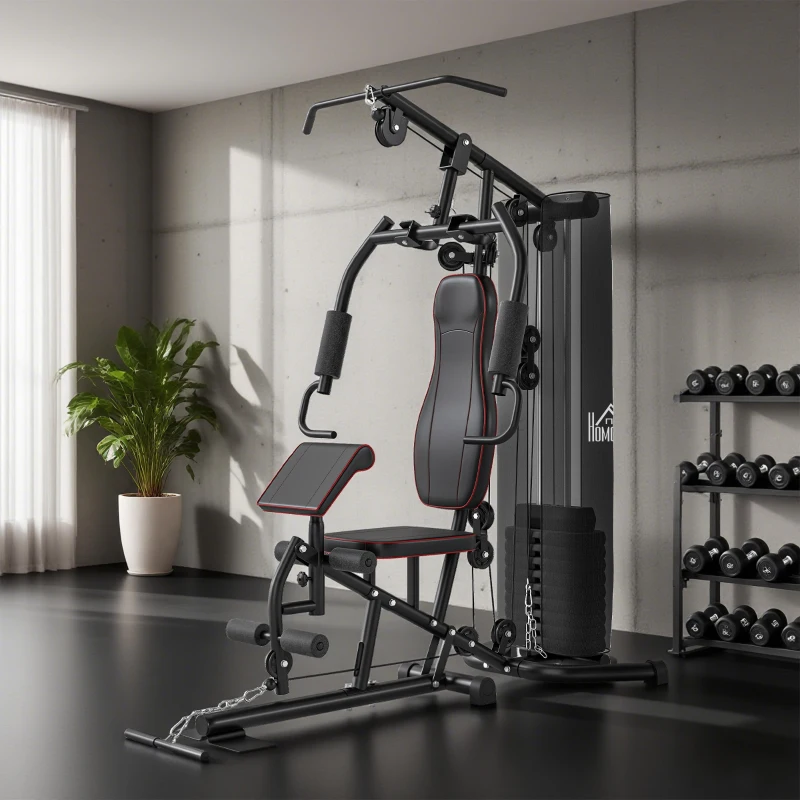 HOMCOM Station de musculation - entraînement complet multifonction - développé couché, butterfly, barre latissimus, curler, bande résistance - 10 contrepoids 45 kg en total - acier