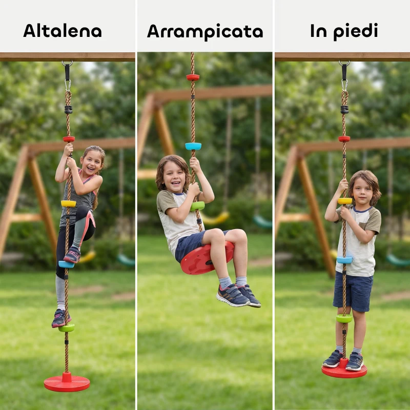 AIYAPLAY Corda Arrampicata Bambini con Pedane e Seduta a Disco, in HDPE e PE, Ø30x4 cm, Rosso