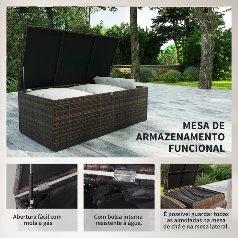 Outsunny Conjunto de Jardim Exterior de Vime 6 Peças Almofadas Sofá Duplo Sofá de 3 Lugares 2 Poltronas 2 Mesas Auxiliares Bege