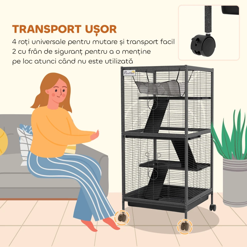 PawHut Cușcă pentru Porcușori de Guineea și Cincile din Oțel cu 3 Nivele, Roți și Tavă Detașabilă, Gri Închis