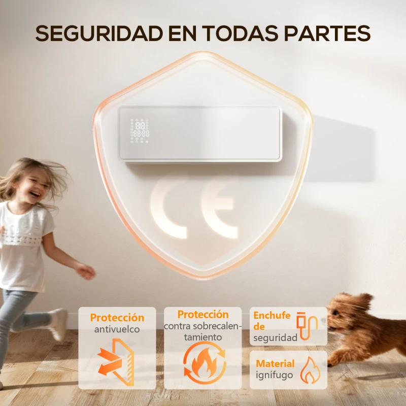 HOMCOM Calefactor Eléctrico Bajo Consumo de Pared 2000W con 3 Modos Pantalla LED Termostato Temporizador y Panel de Vidrio