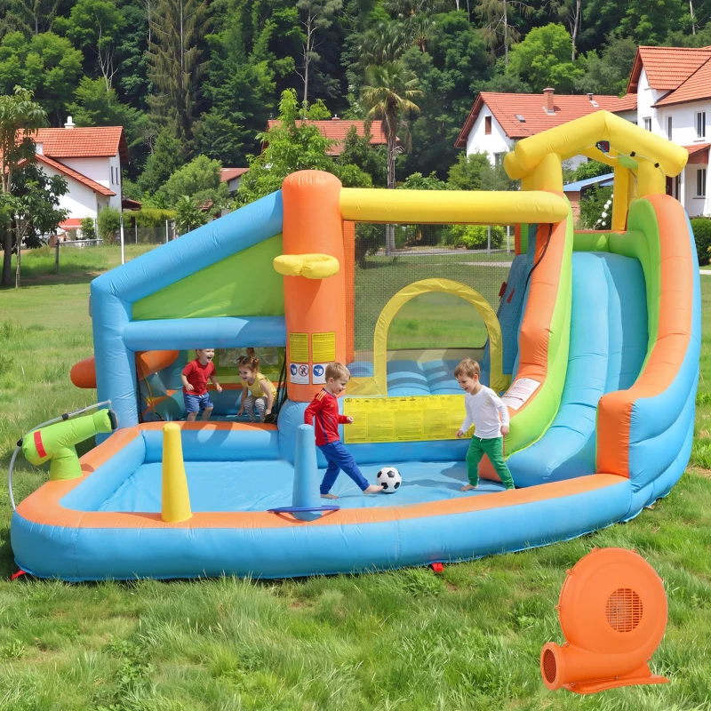 Château gonflable pour enfants avec parc aquatique, toboggan, pataugeoire, cuisine de jeu et jeu d'anneaux, 360x350x210 cm, Multicolore