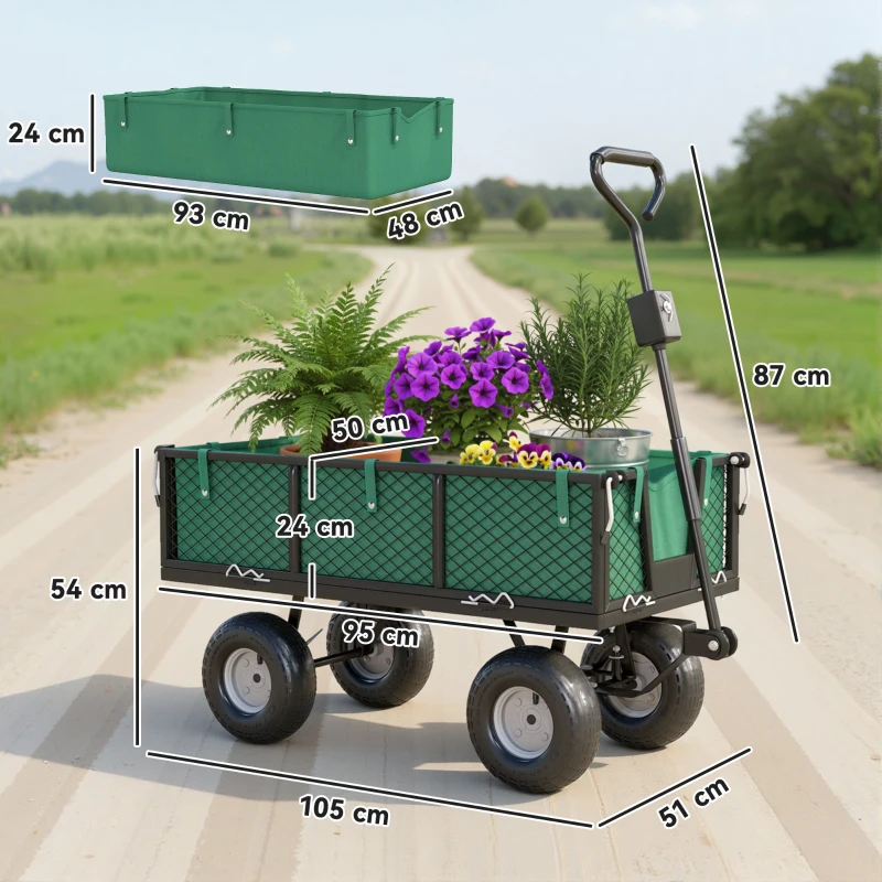 Outsunny Carrito de Jardín con Ruedas Grandes Asa Ajustable y Bolsa Impermeable Removible Carga 300 kg 105x51x54 cm Verde