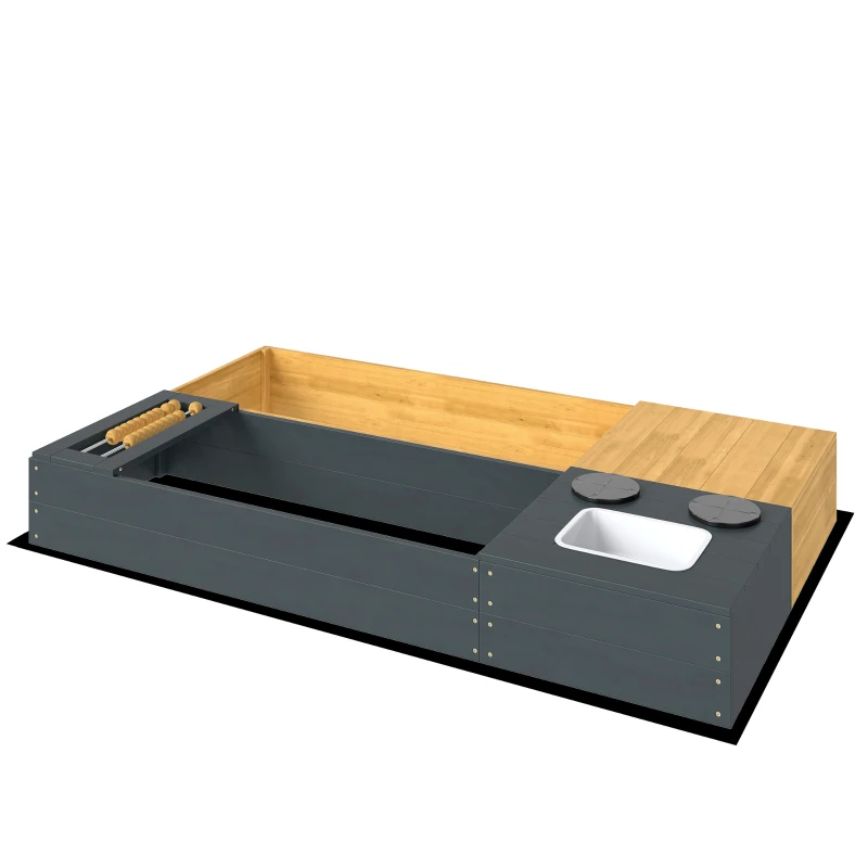 AIYAPLAY Bac à sable 2 pièces 150x90cm bac en bois avec banc rangement cuisinière évier amovible perles d'abaque jaune