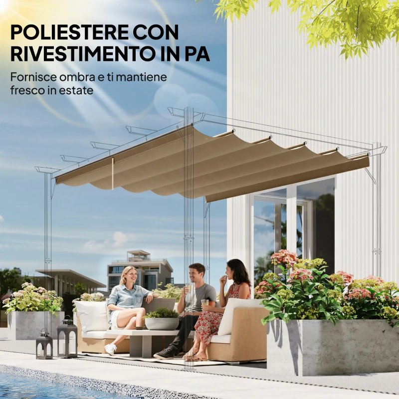 Outsunny Tetto per Gazebo Pergola con 10 Fori di Drenaggio in Poliestere, 250x255 cm, per Pergola 3x3m, Marrone Chiaro