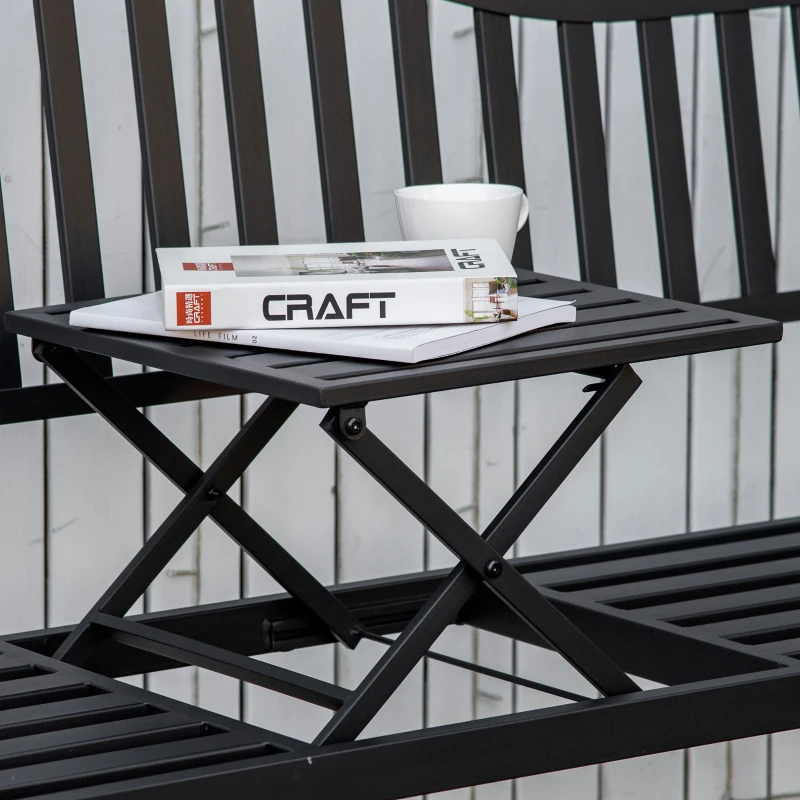 Outsunny Bancă de Grădină cu 2-3 Locuri din Metal, Bancă de Exterior cu Măsuță Extensibilă, Spătar cu Șipci și Cotiere, pentru Balcon, Terasă și Curte, 150x58.5x90 cm, Negru