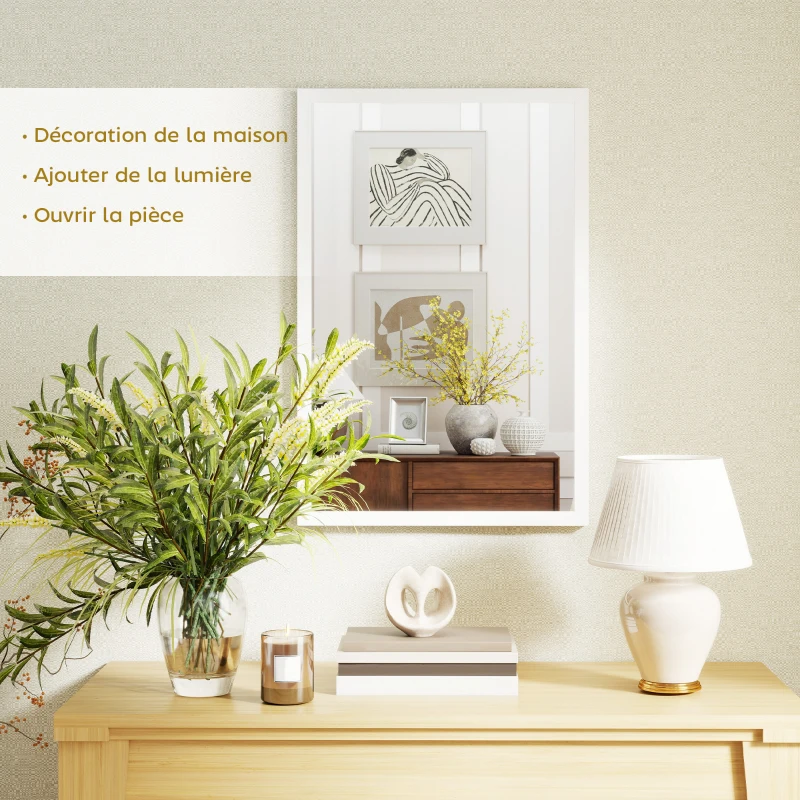 HOMCOM Miroir mural rectangulaire 60 x 40 cm, cadre en bois blanc, idéal pour la salle de bain, salon ou chambre
