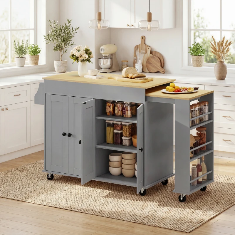 HOMCOM Ilha de Cozinha com Rodas Tampo Extensível Carrinho de Cozinha com 4 Portas Prateleiras Ajustáveis Estante Lateral Aberta Cinza