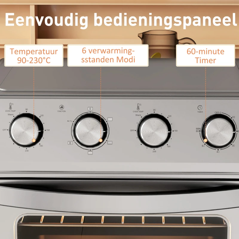HOMCOM Mini-oven met hetelucht, heteluchtfriteuse, 6 verwarmingsmodi, timer, accessoires, 24L, zilver(m-8)