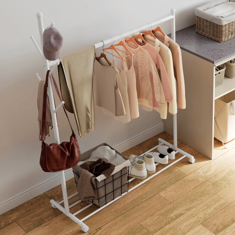 HOMCOM Burro para Ropa con Ruedas 5 Ganchos Barra para Colgar y Balda Inferior para Recibidor Entrada 120x43x171 cm Blanco