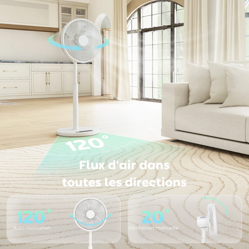 HOMCOM Ventilateur sur pied, ventilateur 39 cm avec 12 vitesses, 4 modes, minuterie 9H, oscillant 120°, hauteur réglable, blanc